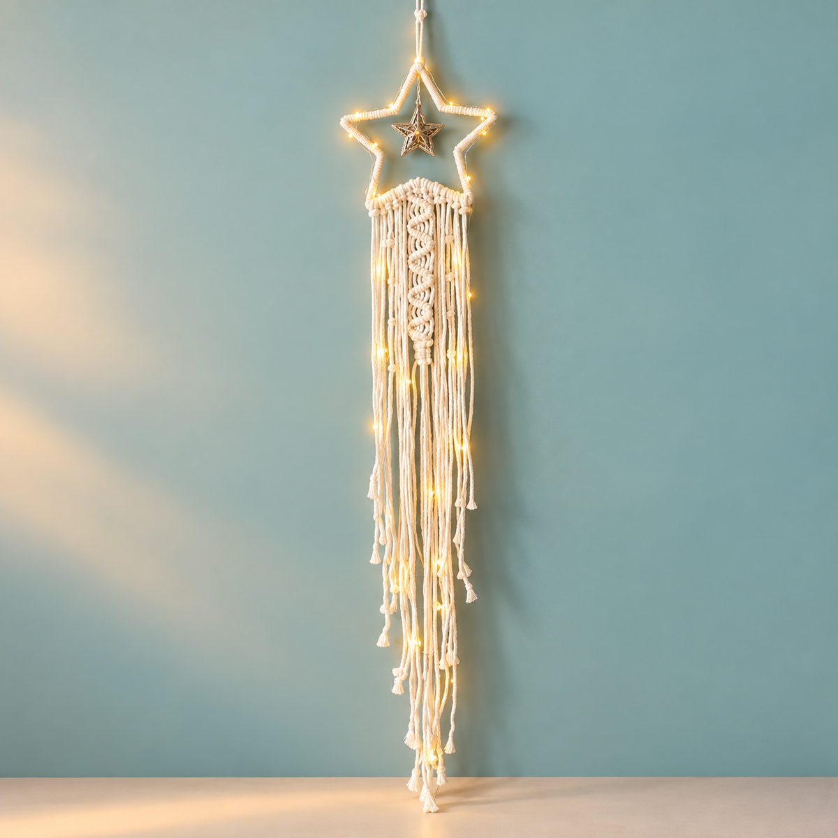 Cream star dream catcher lit with warm white bulbs on a teal background