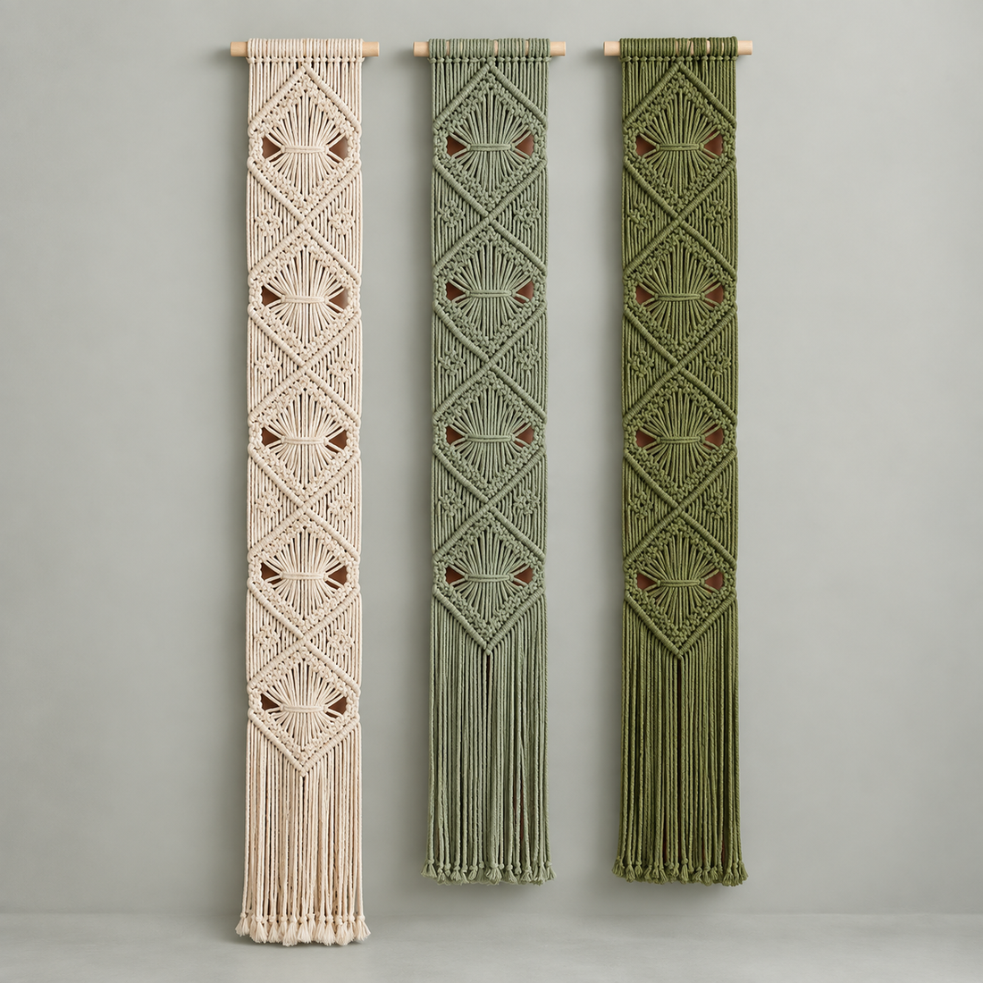 Cream, sage and olive macrame banners hung side by side as a set of three