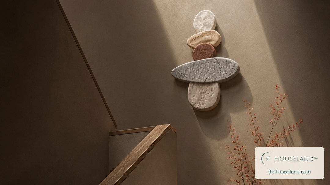a stacked totem of five smooth stone-effect pebbles in graded greys and warm sand, balanced one on another like a cairn, hung on the tall stair wall at the turn of the flight, where the eye lands on the way up