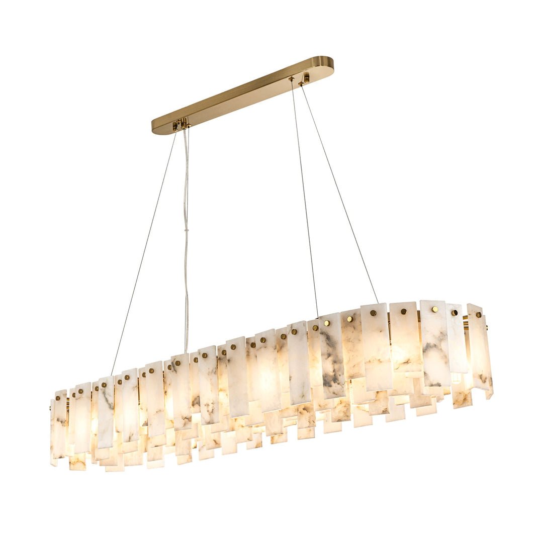 Linear pendant light with glowing alabaster panels, thin suspension cables, and a gold ceiling canopy against a white background.