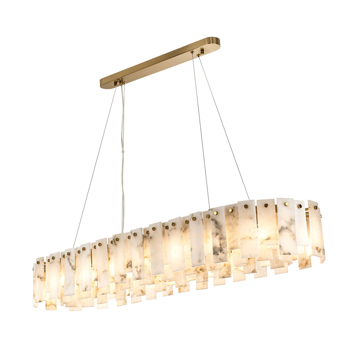Linear pendant light with glowing alabaster panels, thin suspension cables, and a gold ceiling canopy against a white background.