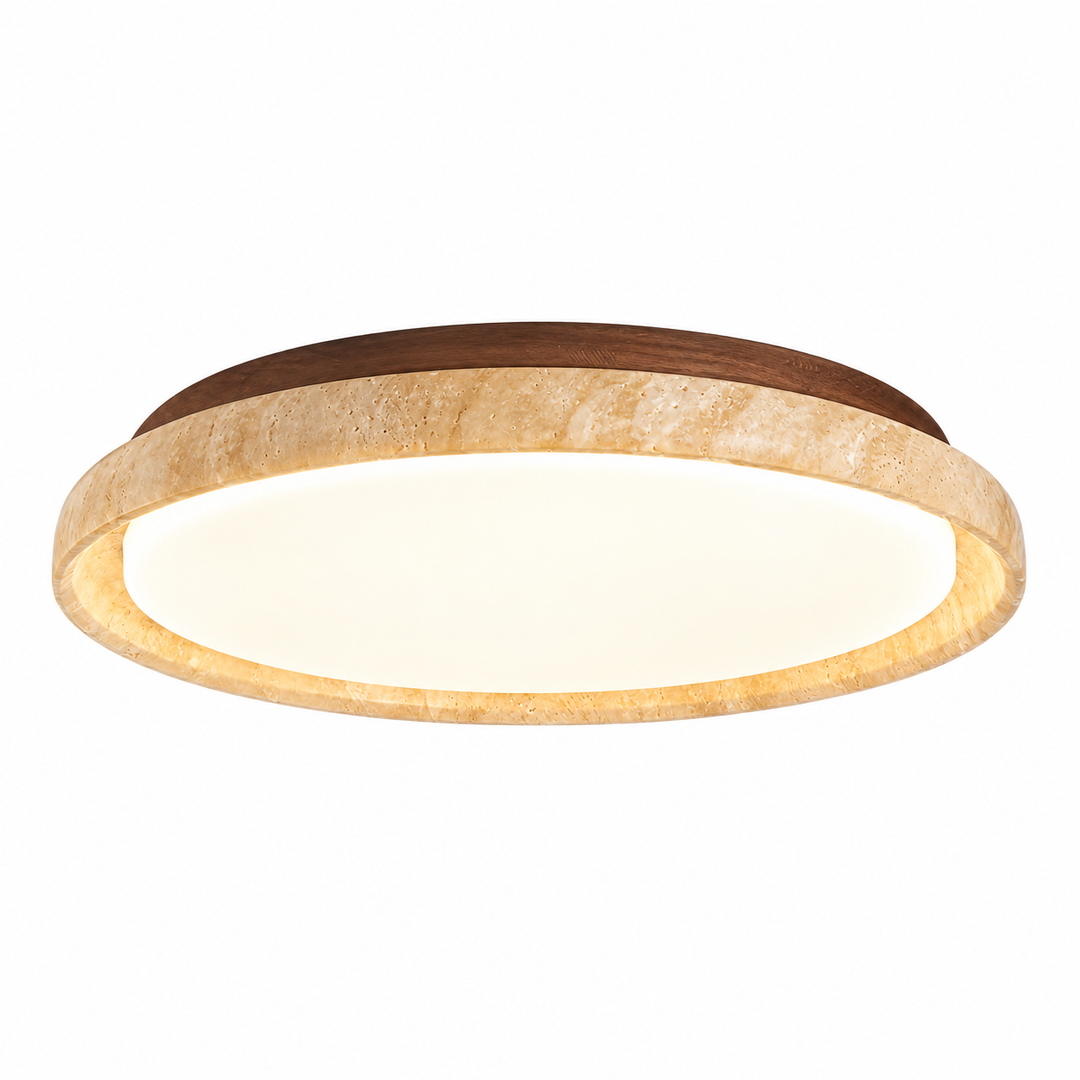 A modern flush-mount ceiling light fixture featuring a textured beige stone or travertine ring, a warm brown wood top plate, and a glowing warm white circular diffuser, shown against a solid white background.