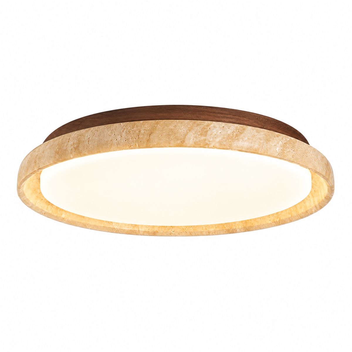 A modern flush-mount ceiling light fixture featuring a textured beige stone or travertine ring, a warm brown wood top plate, and a glowing warm white circular diffuser, shown against a solid white background.