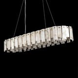Unlit linear pendant light with staggered white and gray alabaster panels and round gold fasteners against a black background.