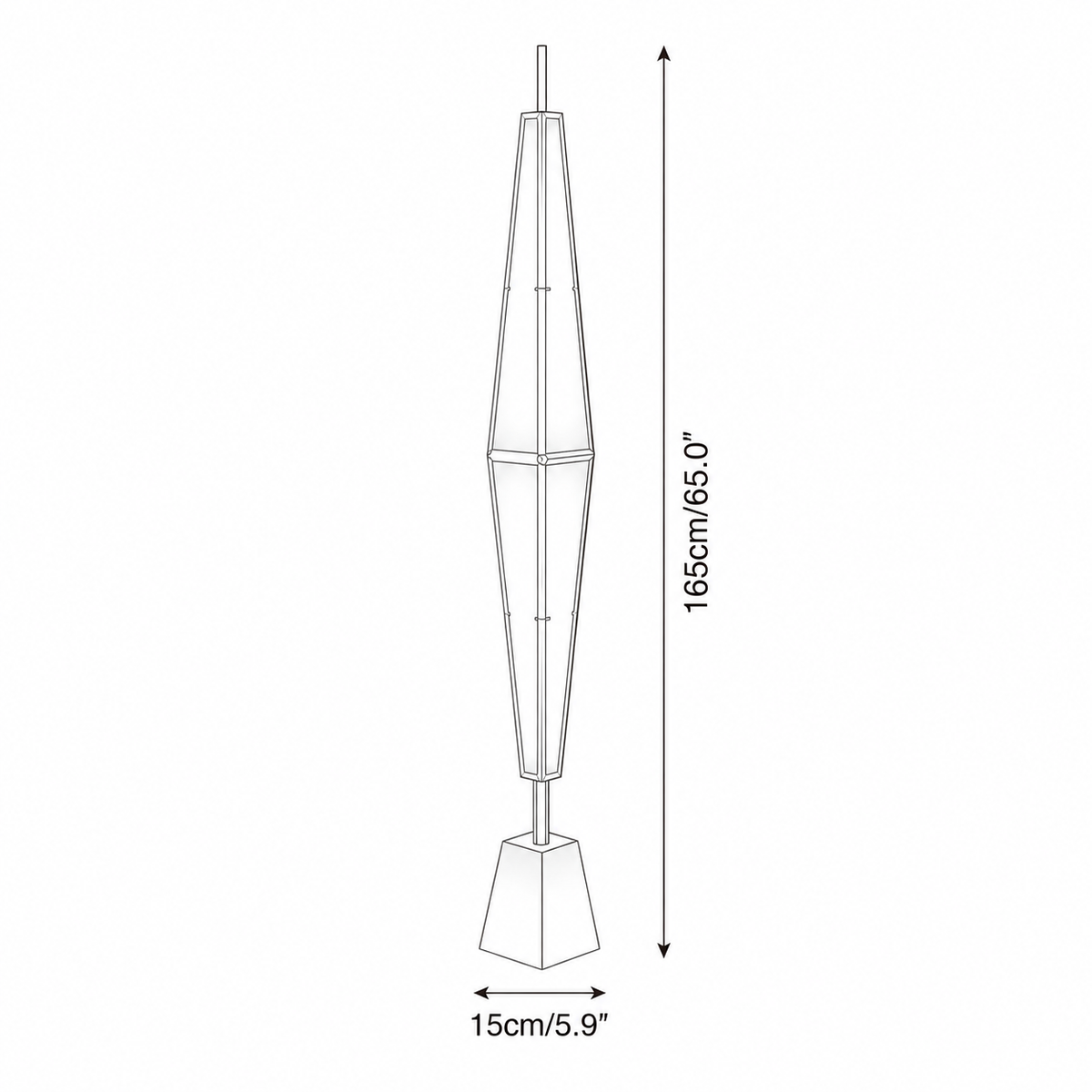 A black and white line drawing schematic of a tall, slender modern floor lamp with dimension annotations showing a height of 165cm (65.0 inches) and a base width of 15cm (5.