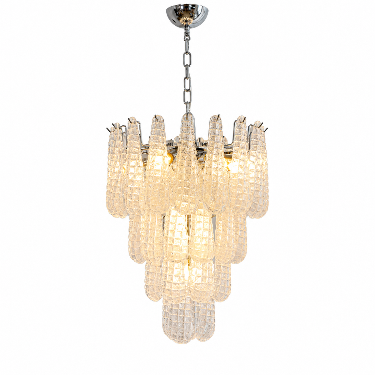 A modern multi-tier chandelier with textured, ribbed glass shades in a warm cream color, suspended from a polished silver-toned metal chain and ceiling canopy against a plain white background.