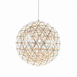 A spherical geometric wireframe pendant light with a warm glowing interior, suspended by a thin cord against a plain white background.