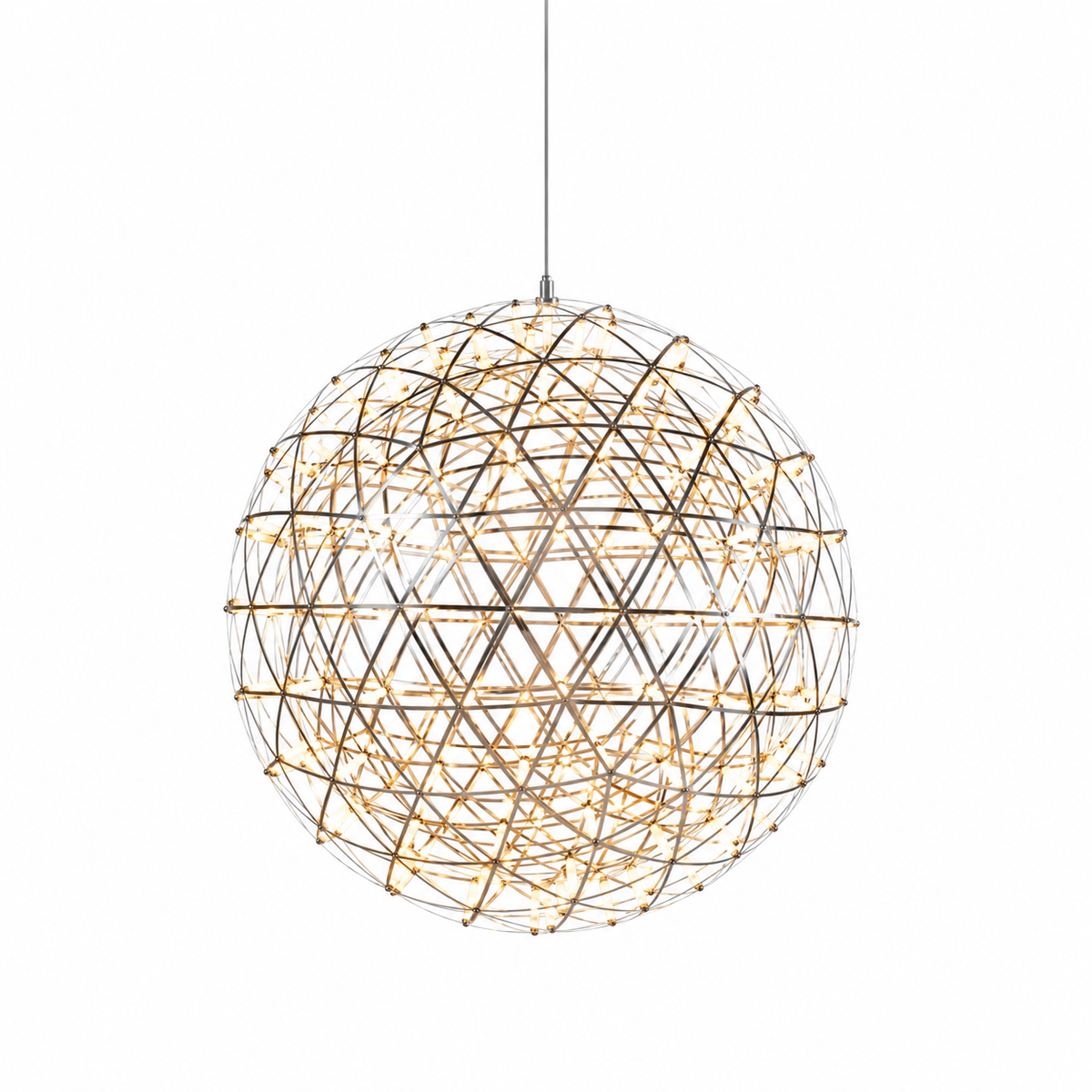 A spherical geometric wireframe pendant light with a warm glowing interior, suspended by a thin cord against a plain white background.