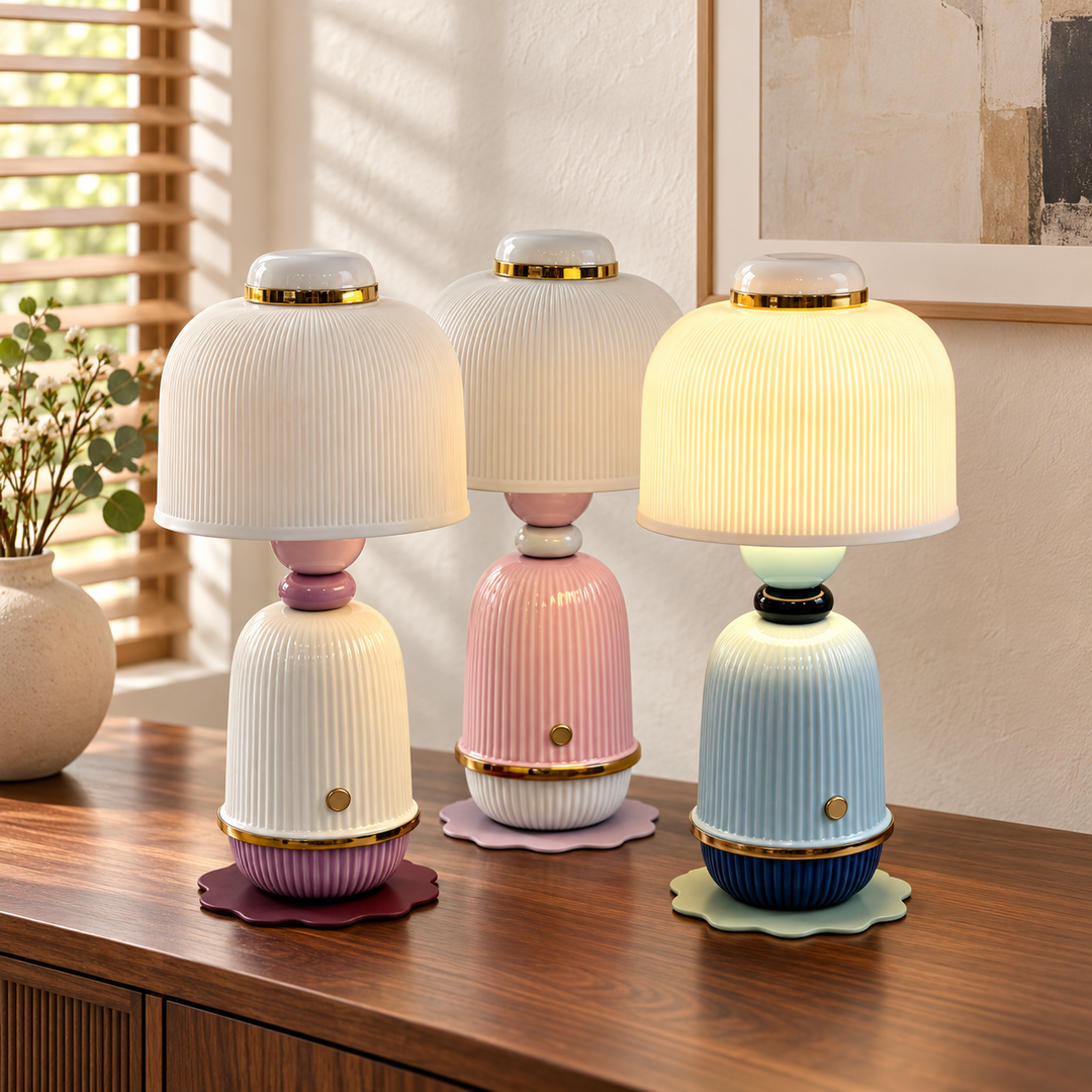 Three decorative table lamps with ribbed ceramic bases and pleated lampshades are arranged on a wooden table in a softly lit room. The lamps have pastel colorways: one cream and mauve, one pink and white, and one light blue and navy, each with gold-tone trim and glowing warm white shades.