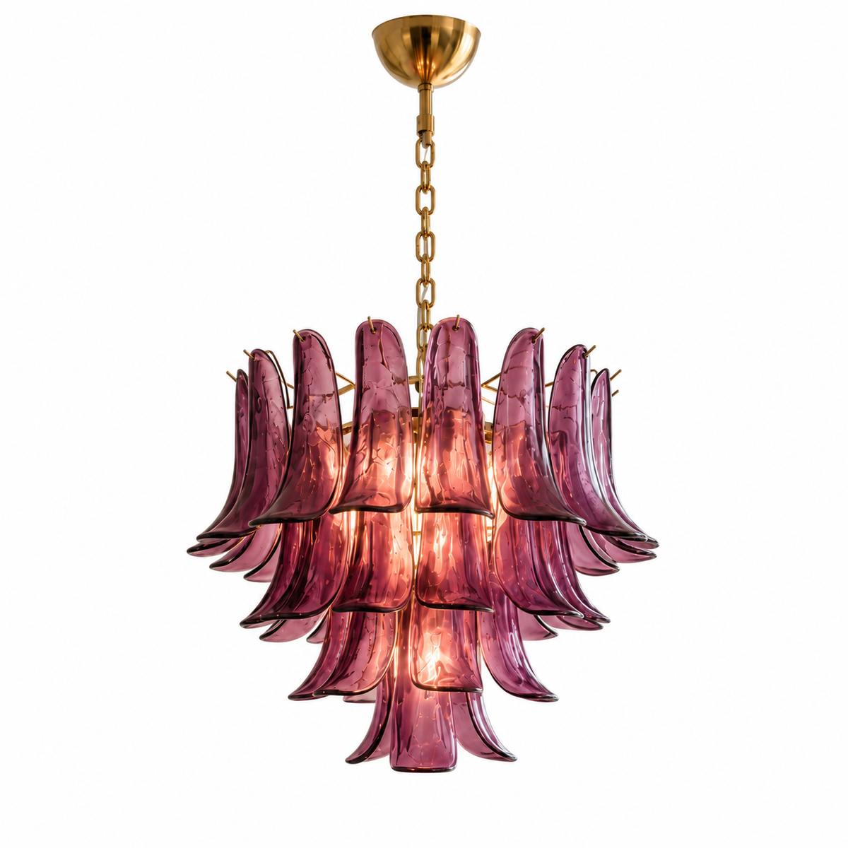 A mid-century modern chandelier featuring a gold brass ceiling canopy and chain, with multiple layers of curved, petal-like purple glass shades, shown against a solid white background.