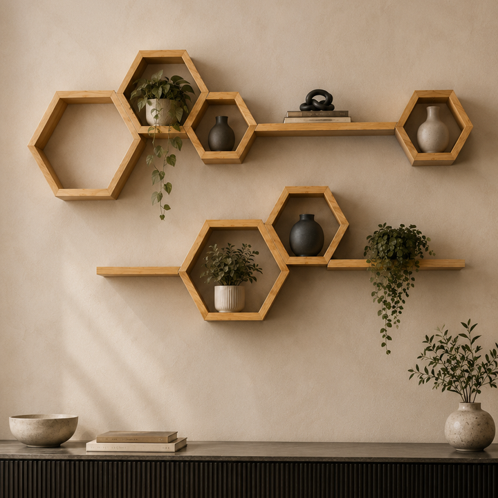Hexagonal wooden floating wall shelves mounted on a beige wall above a console table, styled with small potted plants and ceramic vases, with a beige sofa and dark pillows in the foreground.