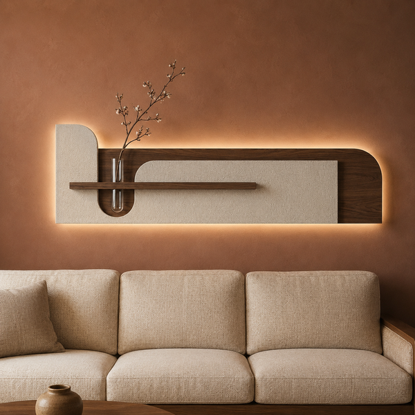 Cream backlit stone-textured wall panel with shelf and glass bud vase, warm LED backlight on