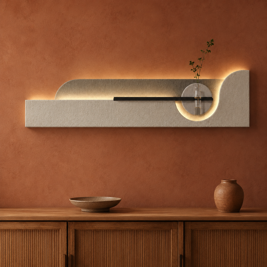 Cream / Arch backlit curved wall panel with shelf and glass bud vase, warm LED backlight on