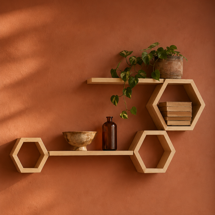 5-Piece Pine Ledge Wall Shelf Set in a bedroom wall
