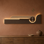 Mocha / Arch backlit curved wall panel with shelf and glass bud vase, warm LED backlight on