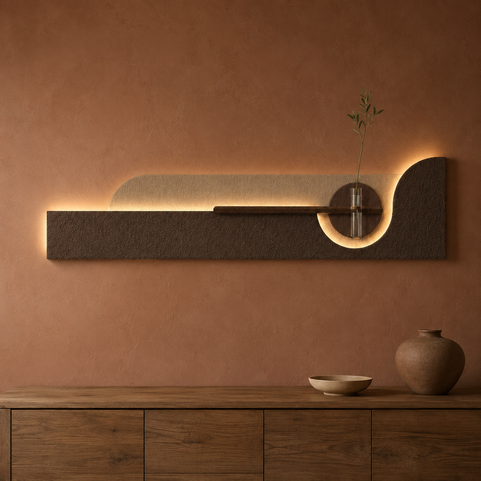 Mocha / Arch backlit curved wall panel with shelf and glass bud vase, warm LED backlight on