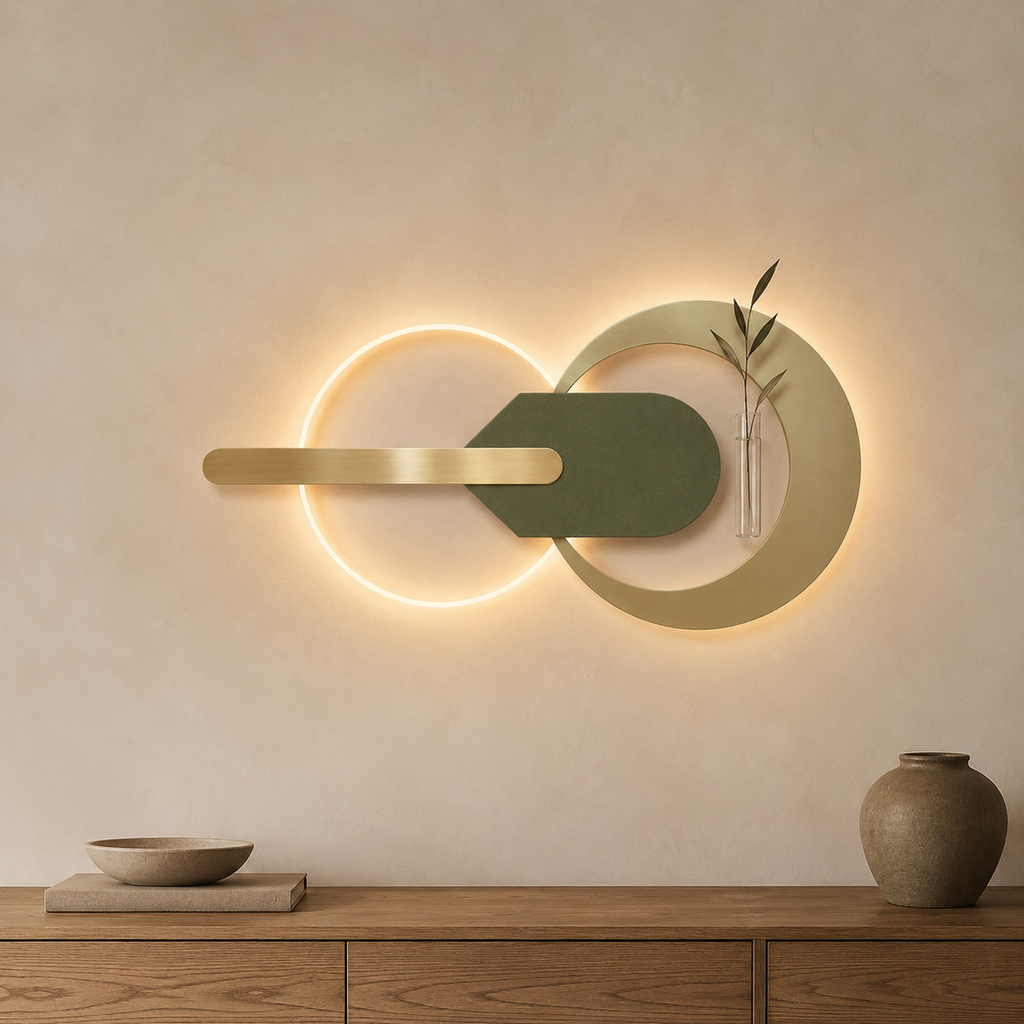 Tan fluted sandstone wall panel with shelf and glass bud vase, warm LED backlight on