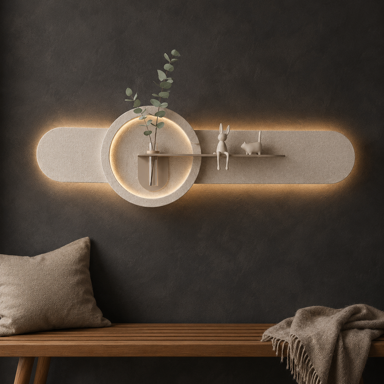 Walnut oval backlit wall panel with shelf and glass bud vase, warm LED backlight on
