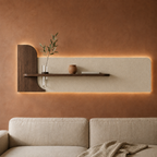 Walnut backlit stone-textured wall panel with shelf and glass bud vase, warm LED backlight on
