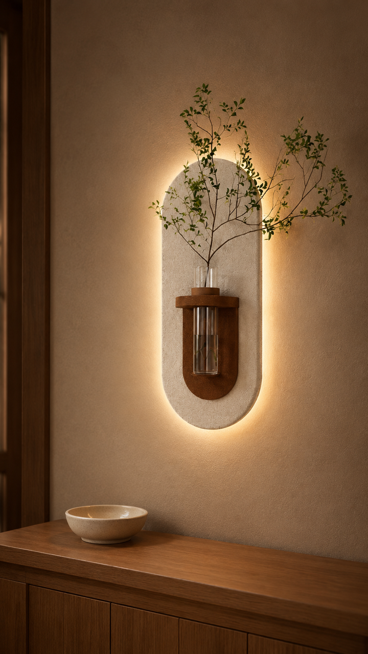 Wall Mounted Vase with LED Backlight, Textured Capsule Panel and Shelf in a dining wall
