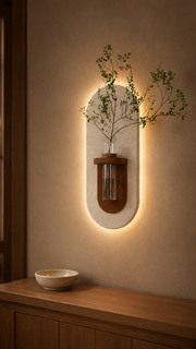 Wall Mounted Vase with LED Backlight, Textured Capsule Panel and Shelf in a dining wall