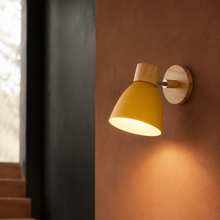 Macaron Bedside Wall Sconce, Adjustable Wood Base Wall Lamp, 3 Shapes 13 Colors in a hall landing