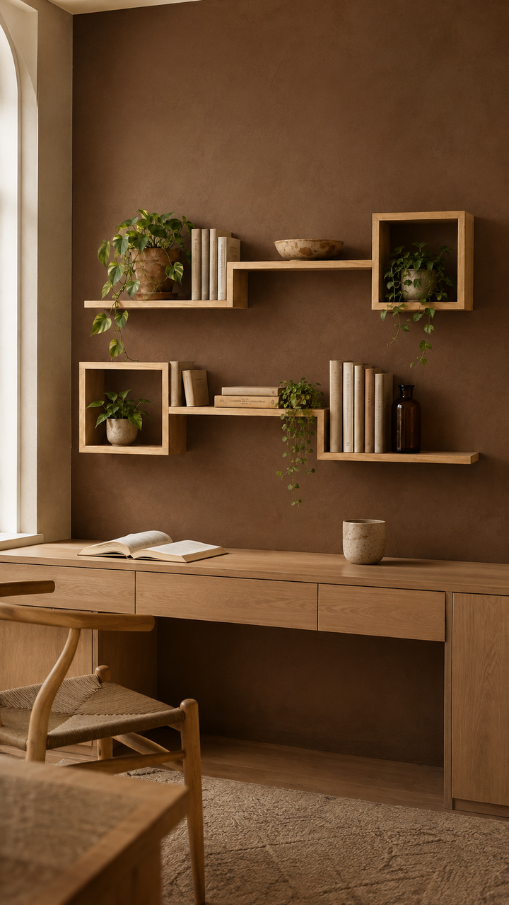 6-Piece Pine Cube and Ledge Wall Shelves in a study alcove