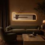 Cream backlit stone-textured wall panel lit above the furniture in a drawing room