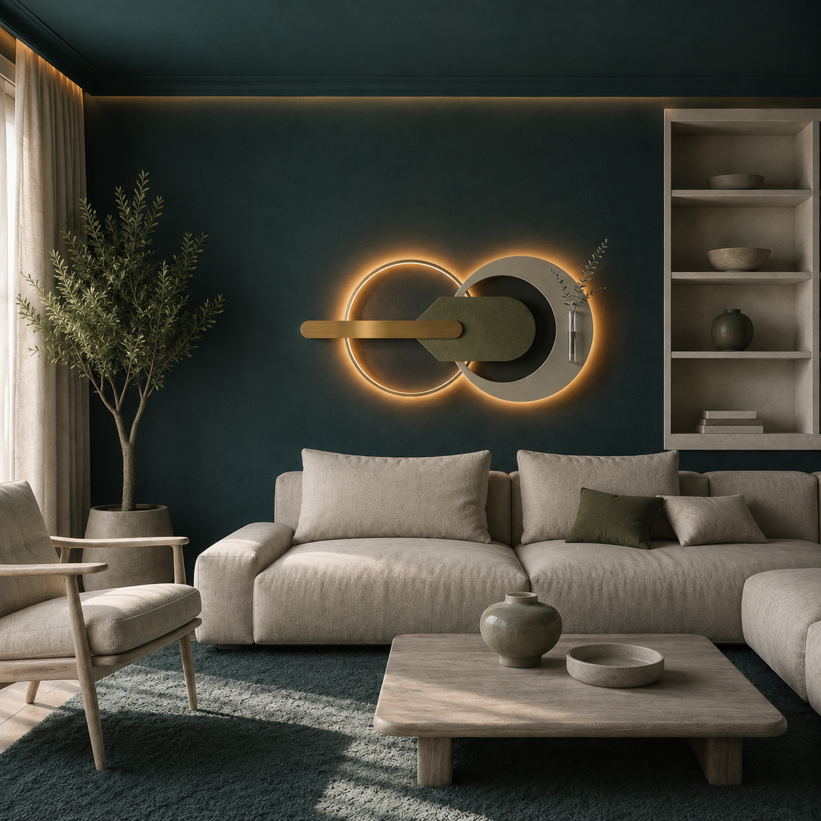 Sage fluted sandstone wall panel lit above the furniture in a living room