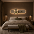 Sage oval backlit wall panel lit above the furniture in a primary suite