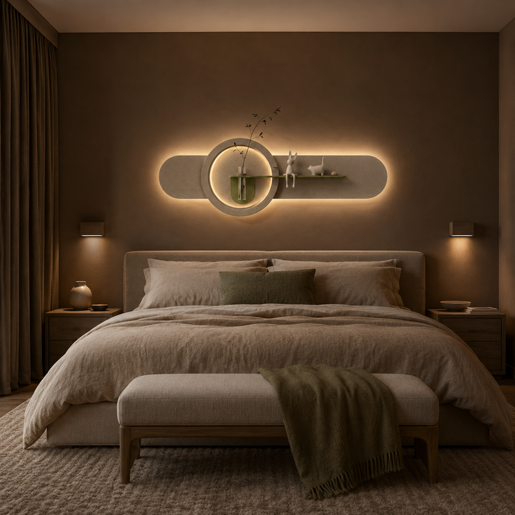 Sage oval backlit wall panel lit above the furniture in a primary suite