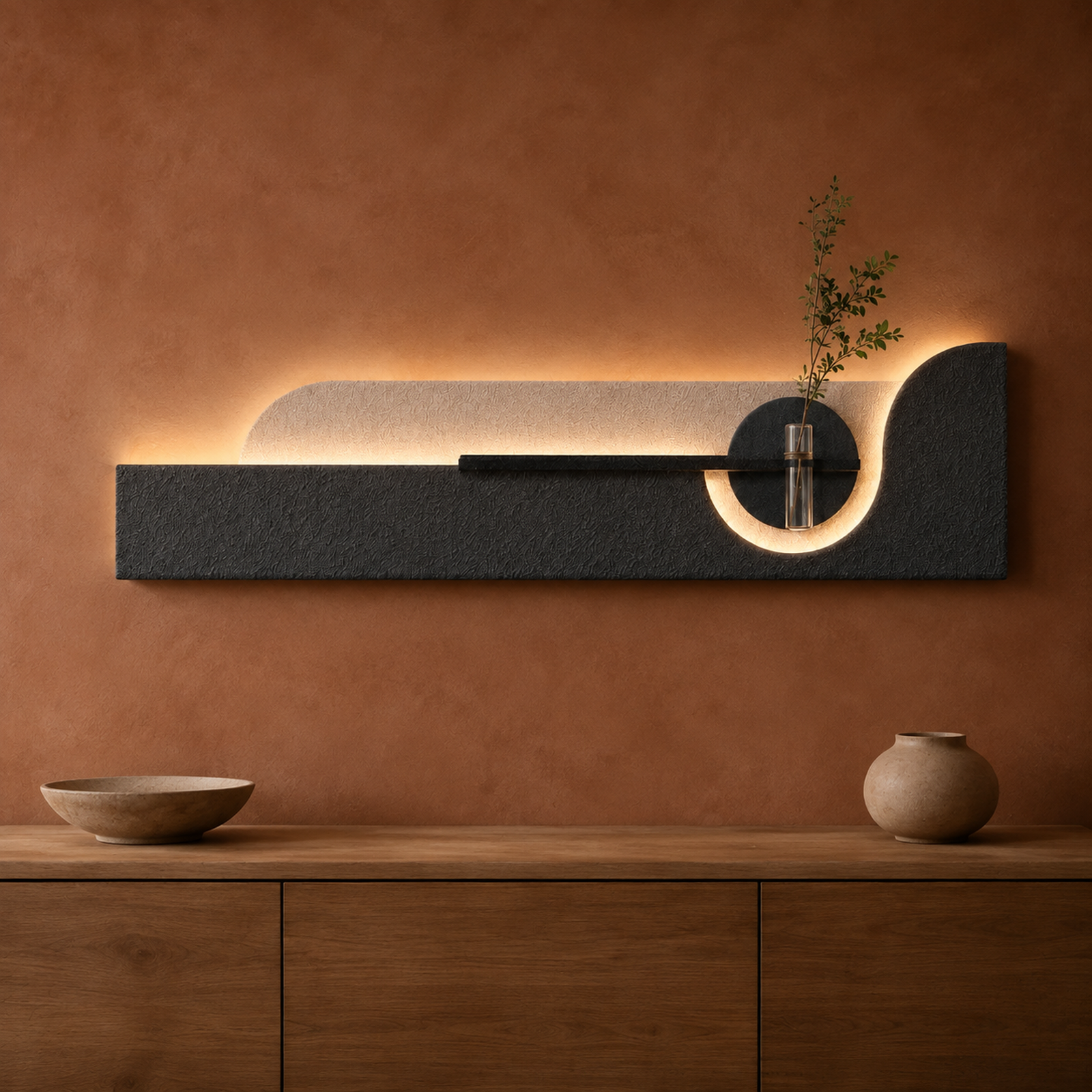 Charcoal / Arch backlit curved wall panel with shelf and glass bud vase, warm LED backlight on