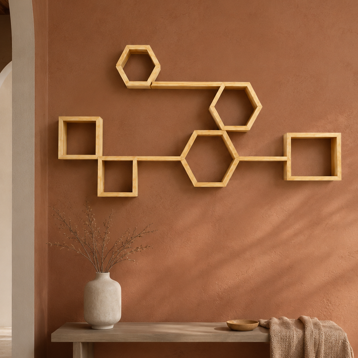 8-Piece Pine Hexagon Modular Wall Shelves in a entry hall