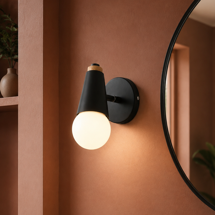 Vanity Sconce with Exposed Globe Bulb, Adjustable Iron Wall Lamp, 5 Colors in a vanity room