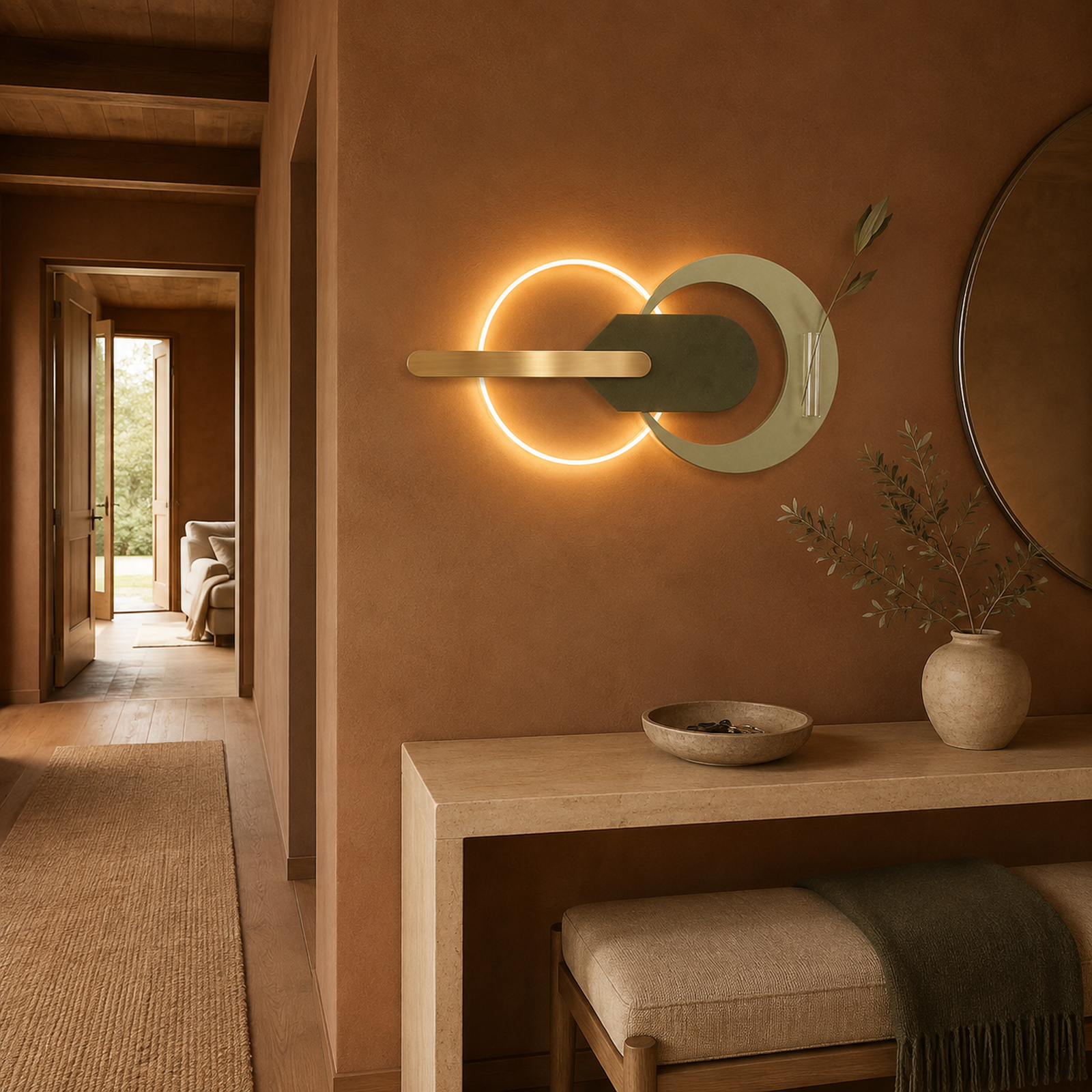 Tan fluted sandstone wall panel lit above the furniture in a entryway