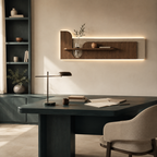 Walnut backlit stone-textured wall panel lit above the furniture in a home office