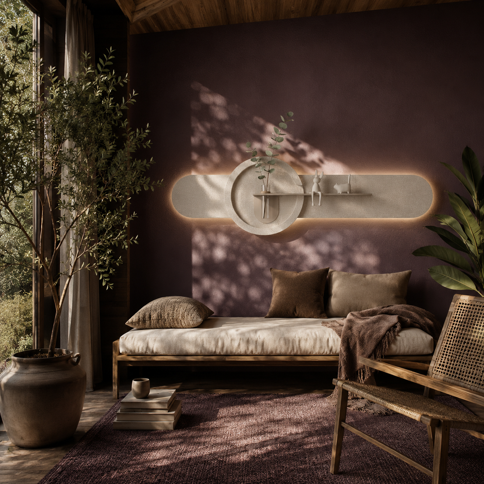 Walnut oval backlit wall panel lit above the furniture in a sunroom