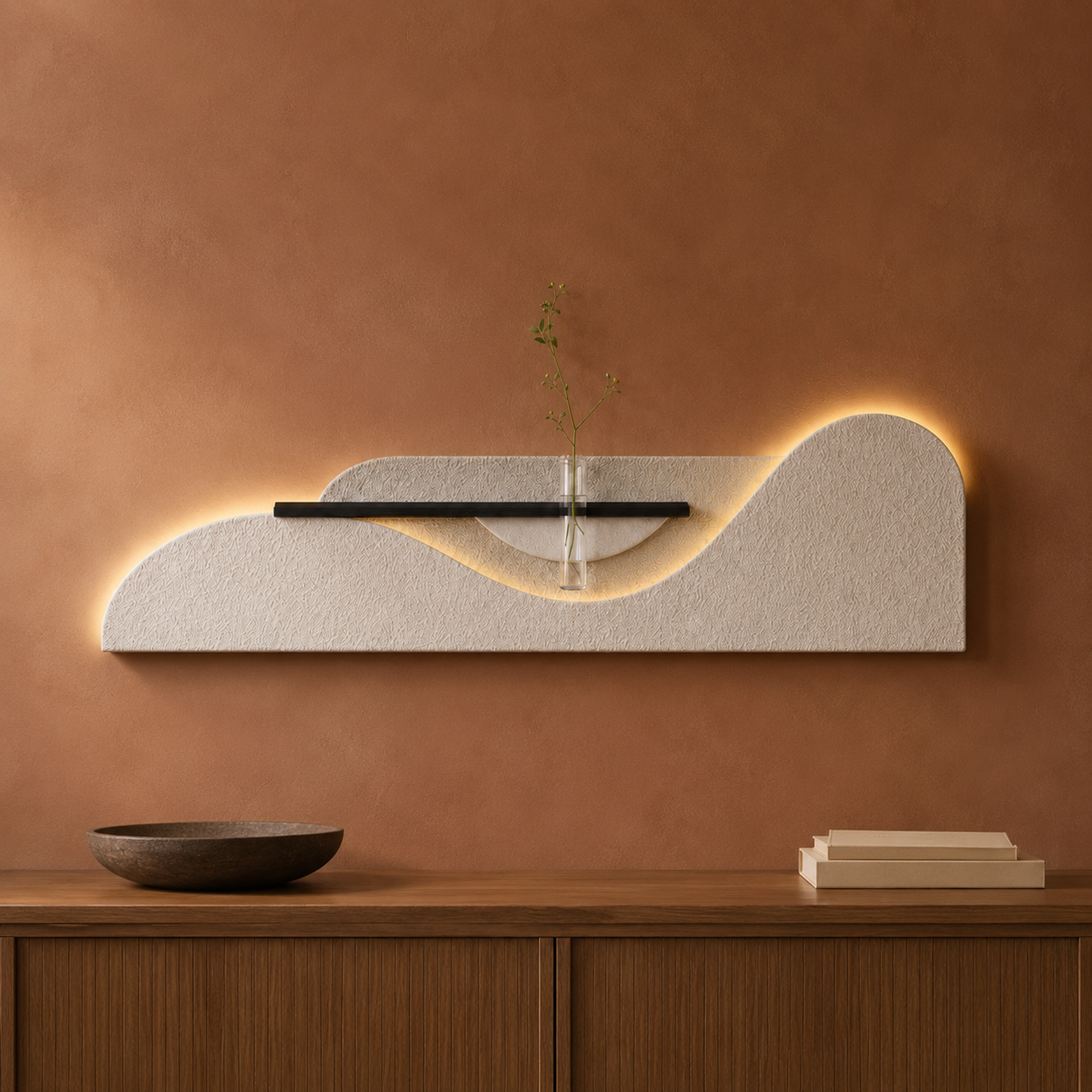 Cream / Wave backlit curved wall panel with shelf and glass bud vase, warm LED backlight on