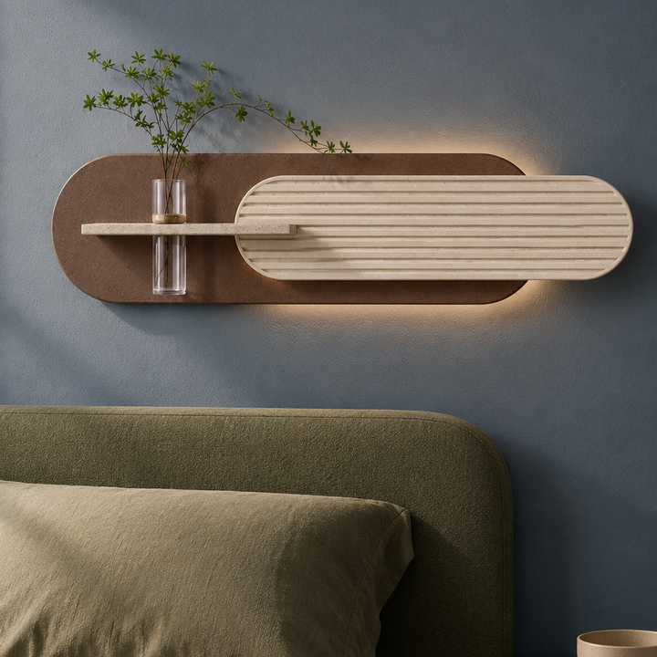 Fluted Wall Panel with Bud Vase, Backlit Sandstone Capsule Art, 150 cm in a bedroom wall
