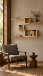 6-Piece Staggered Pine Wall Shelves in a reading corner