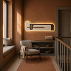 Cream backlit stone-textured wall panel lit above the furniture in a landing