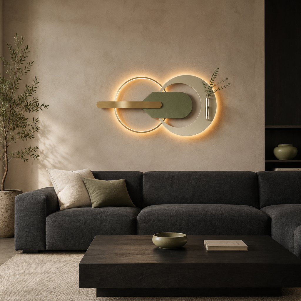Sage fluted sandstone wall panel lit above the furniture in a reading nook