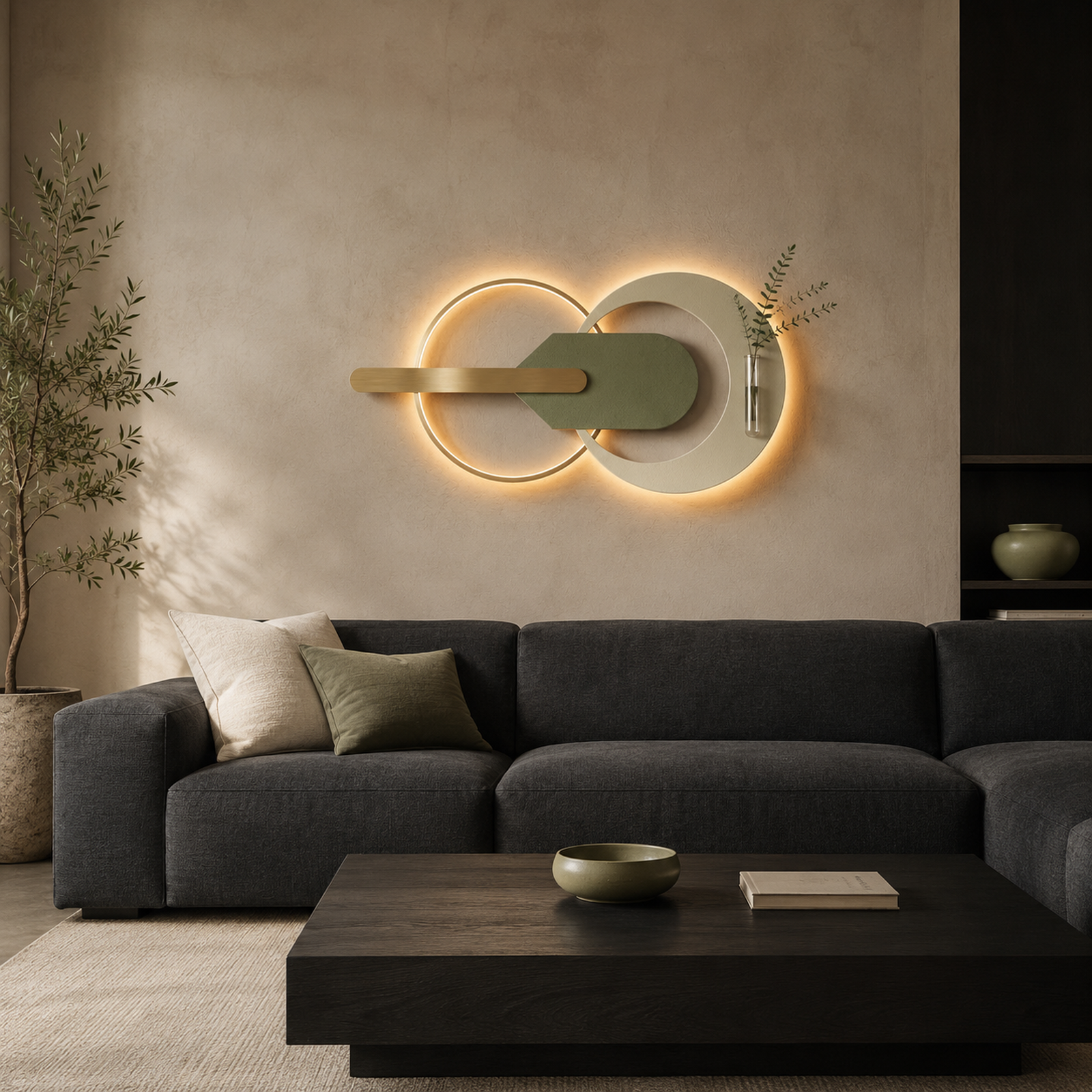 Sage fluted sandstone wall panel lit above the furniture in a reading nook