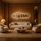 Sage oval backlit wall panel lit above the furniture in a salon
