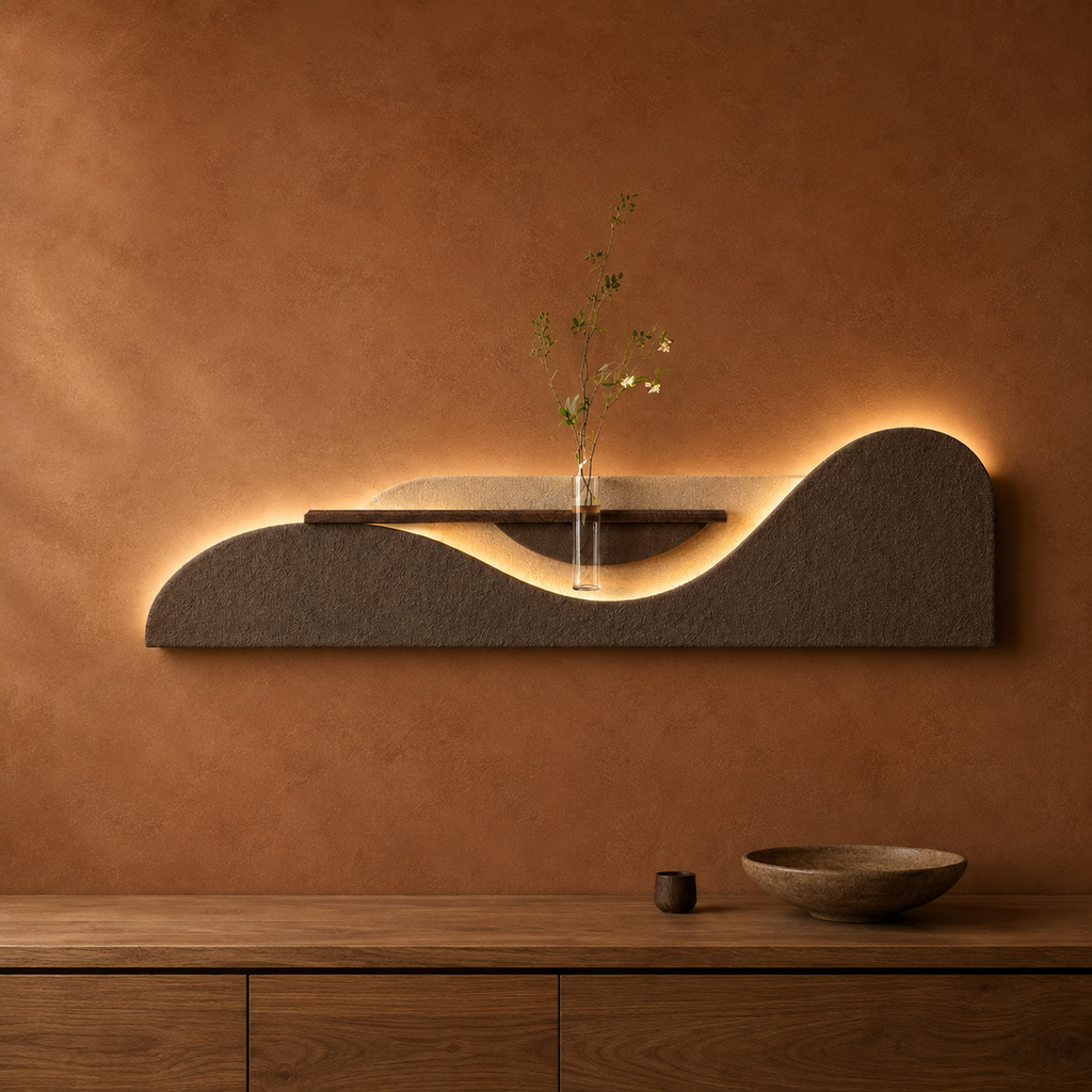 Mocha / Wave backlit curved wall panel with shelf and glass bud vase, warm LED backlight on