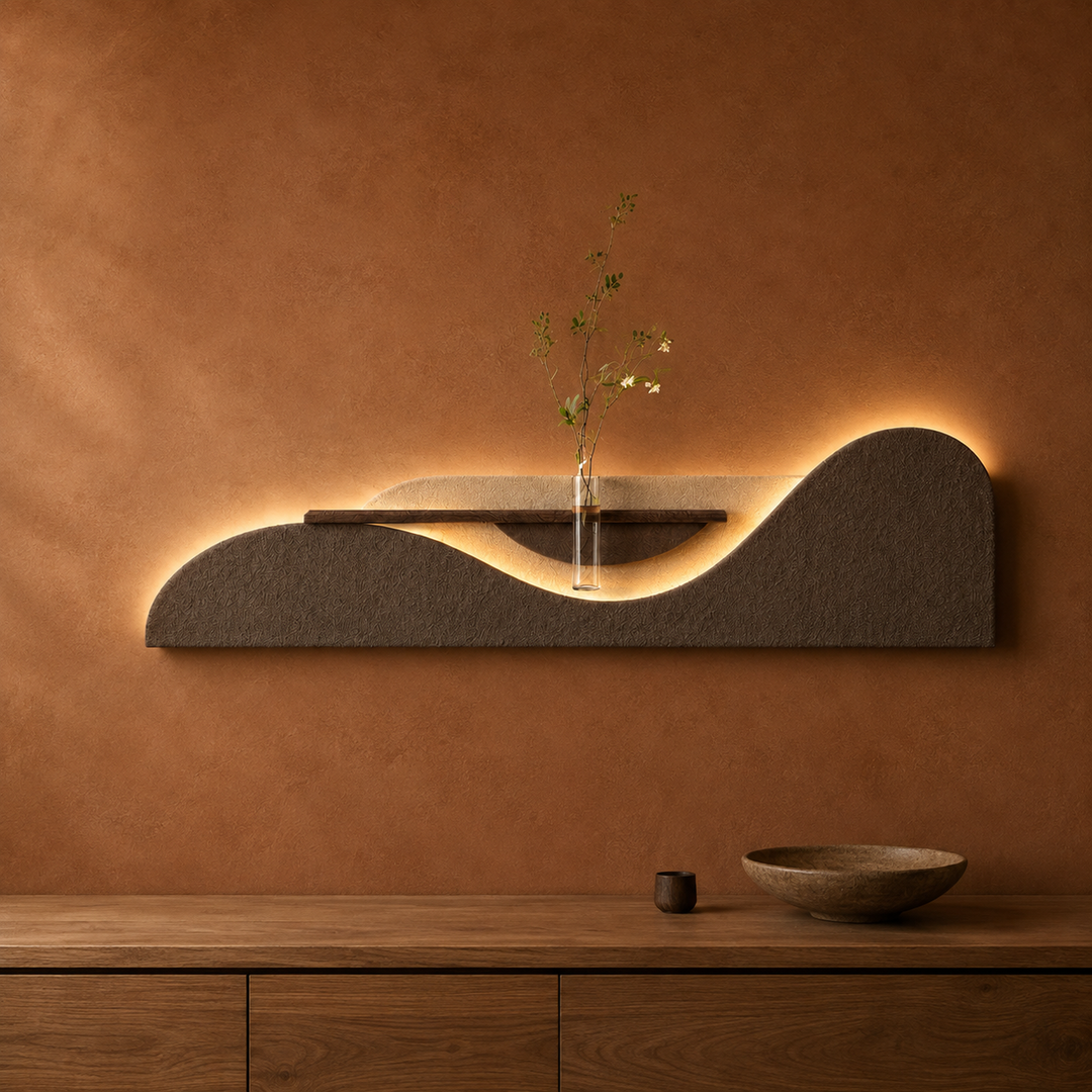 Mocha / Wave backlit curved wall panel with shelf and glass bud vase, warm LED backlight on