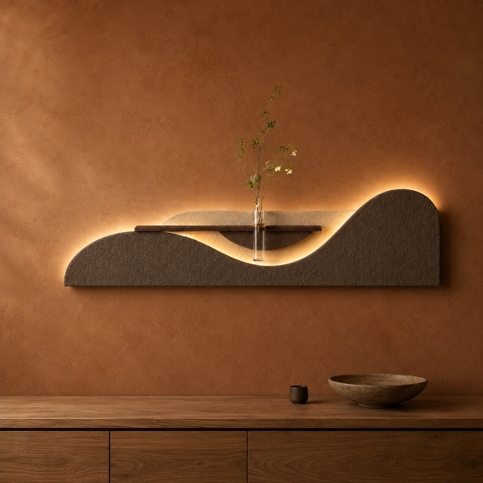 Mocha / Wave backlit curved wall panel with shelf and glass bud vase, warm LED backlight on