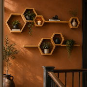 Hexagonal wooden wall shelves mounted on a terracotta-colored wall in a staircase landing, styled with potted green plants, a small vase, and books.