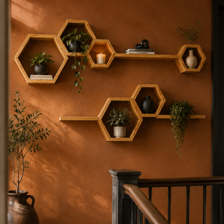 Hexagonal wooden wall shelves mounted on a terracotta-colored wall in a staircase landing, styled with potted green plants, a small vase, and books.