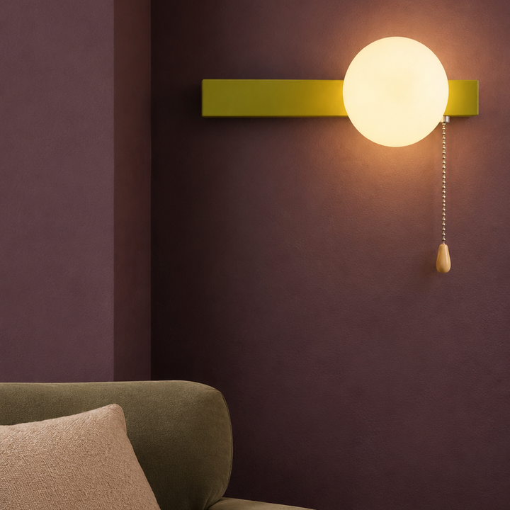 Globe Wall Sconce with Switch, Pull Chain Glass Wall Lamp, 4 Shapes 4 Colors in a sitting room